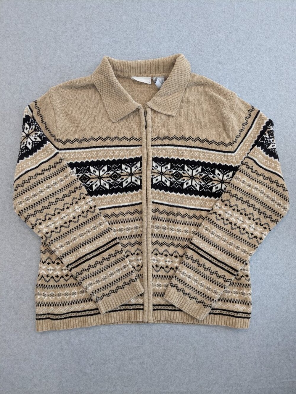 Y2K Vintage Croft Barrow Cardigan Sweater L Beige Fair Isle Full Zip Knit Velour